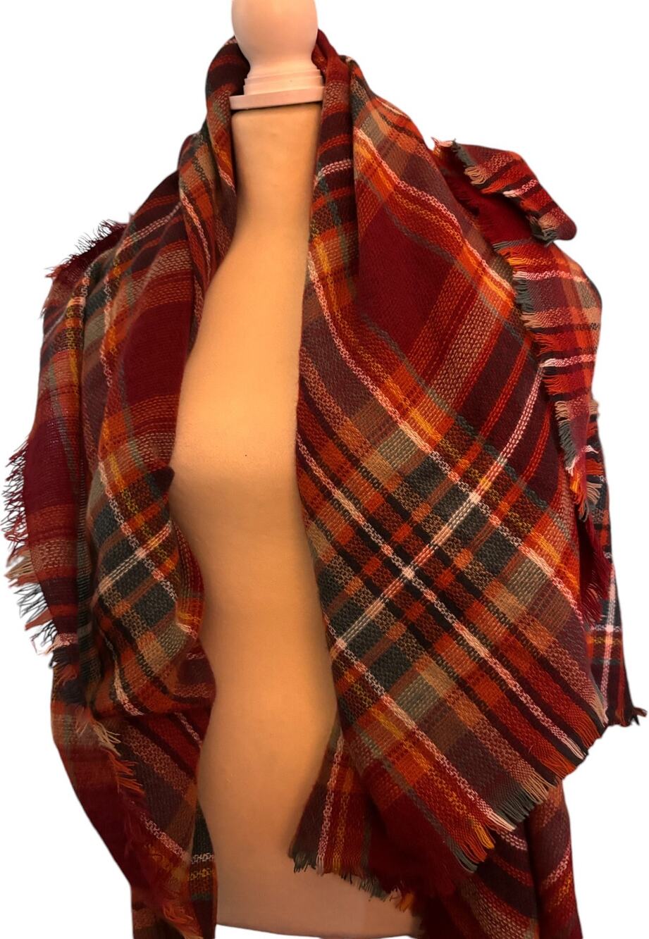 Altar'd State Plaid Blanket Scarf, Red Orange Fringe Wrap